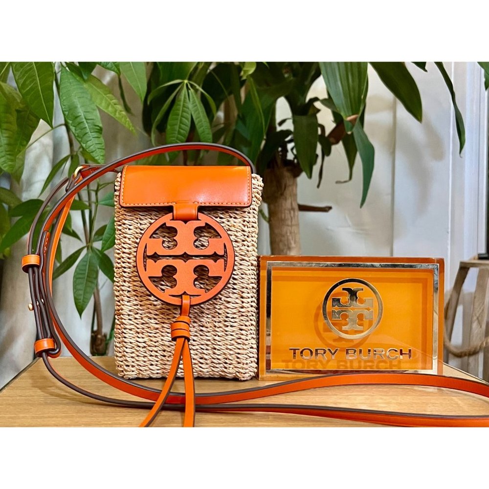 Authentic Tory Burch Orange Miller Straw Crossbody Gem